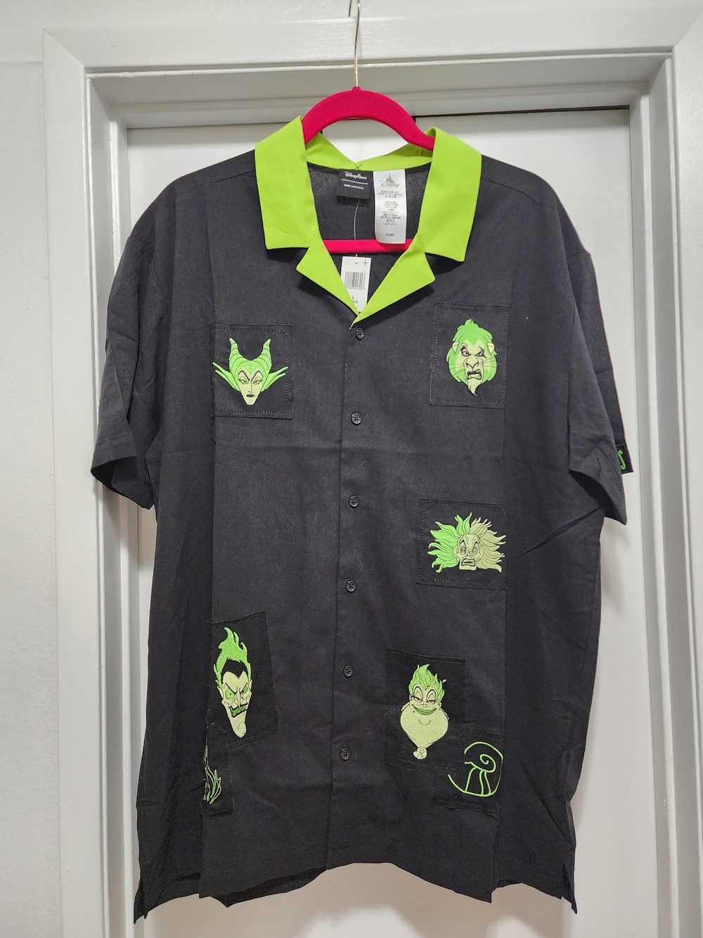 Mens Black Shirt with Neon Green Collar and Character Patches